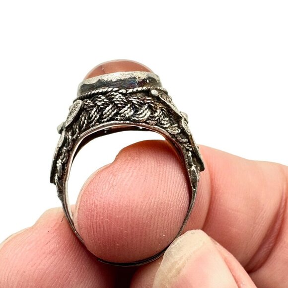 Vintage Chinese Export Carnelian Sterling Silver Filigree Adjust Ring Set at 7 - Picture 5 of 7